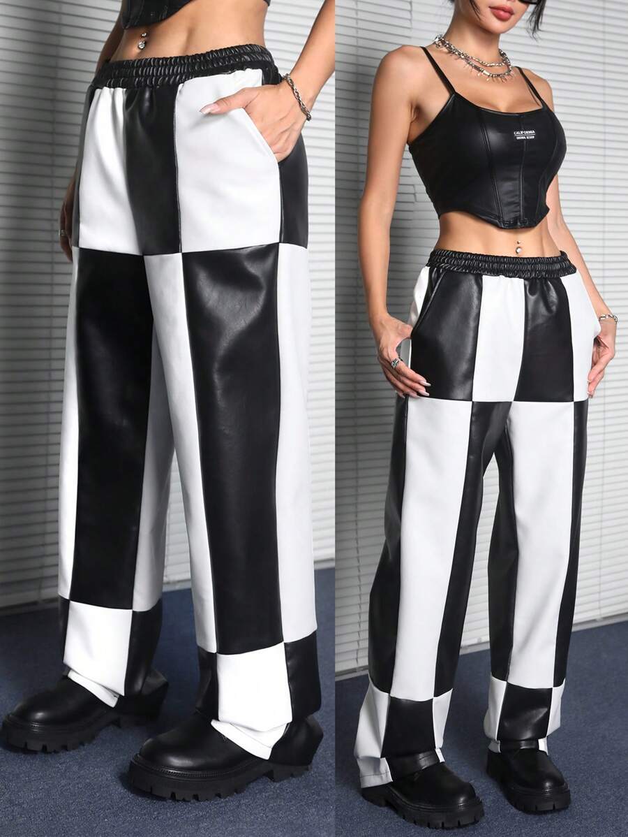 Muchica 女士秋冬街头风格撞色宽松皮革长裤 - 黑與白 - 查看 1
