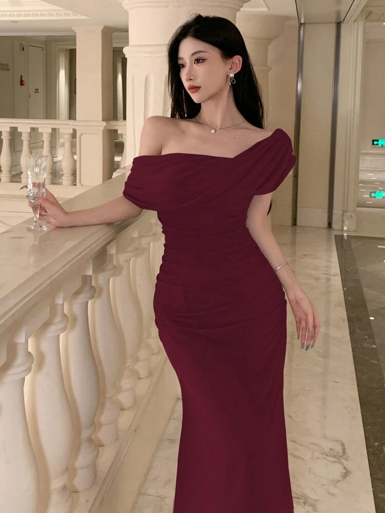 Summer Elegant Solid Bardot Collar Short Sleeve Dress For Wedding Guests Prom Dress Elegant Sundress,Dress For Wedding Red Women Dresses Carnival