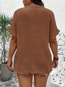 SHEIN LUNE Plus Size Solid V-Neck Casual Short Sleeve Shirt, Summer - Rust Brown - View 2