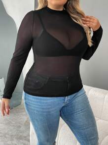 SHEIN CURVE+ Curve Plus Mock Neck Sheer Mesh Top Without Tube, For Winter - Black - View 4