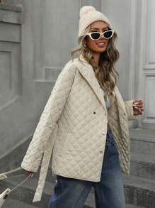 GENKIRA Ins Street Style Fashion Đa năng Cổ bẻ Thiết kế cài hai hàng khuy Thắt lưng rộng Họa tiết hình thoi Áo khoác đệm dài tay dài vừa vặn Quần áo mùa đông - Màu be - Xem 2