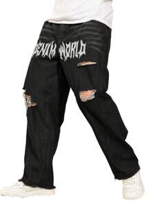 Manfinity Roughcore Lässige Jeans für Herren im Used-Look mit Buchstabenstickereien Große Größen