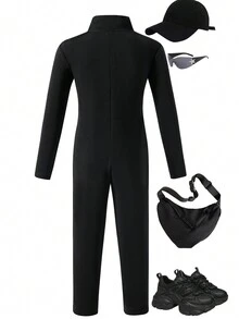 SHEIN Tween Girl 休闲运动字母连体裤 - 黑色 - 查看 3