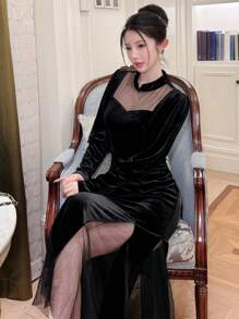 DAZY Váy dài tay dài viền đuôi cá bằng vải voan thanh lịch dành cho nữ, mùa xuân/thu, sinh nhật, tiệc dạ hội đêm giao thừa - màu đen - Xem 4