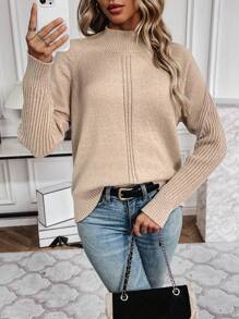 Chiquease Plain Stand Collar Long Sleeve Pullover Sweater, Knit Pullover Fall Winter - Khaki - View 3