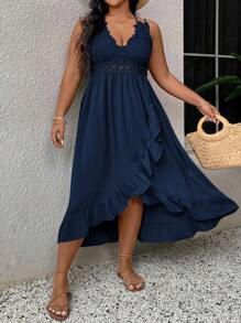 SHEIN VCAY Plus Size Casual Holiday Patchwork Ruffle Strap Dress,Beach Dress Sundress,Holiday Outfits Boho