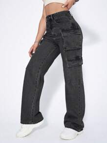SHEIN ICON Quần jean nữ có túi lưng cao Y2k màu đen - Xám - Xem 3