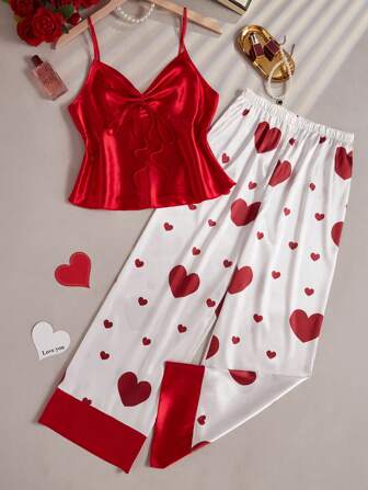 2pcs Silky Camisole Top With Tie Knot & Heart Print Wide Leg Pants Pajama Set