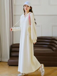 EastFlair Váy nỉ dài tay có mũ trùm đầu rút dây kéo thời trang thu đông cho nữ - Màu be - Xem 5