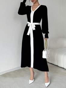 Elenzga Váy len dài tay thanh lịch cổ chữ V phối màu - màu đen - Xem 5