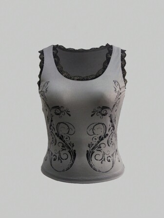Fairycore Top canottiera a patchwork da donna con stampa di rami e viti secche, con dettagli in pizzo