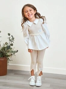 SHEIN 年輕女孩字母拼貼喇叭袖 2 合 1 上衣和褲子 - 杏色 - 查看 4