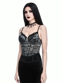 ROMWE Goth 金属骷髅吊坠网眼蕾丝骷髅提花半透明吊带背心 - 黑色 - 查看 5