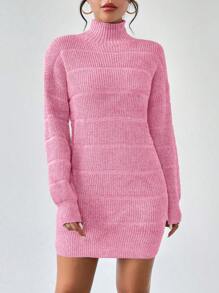 Chiquease Solid Color Turtleneck Textured Long Sleeve Sweater Dress Fall Winter Cloth For Women - Pink - View 6