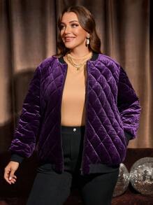 EMERY ROSE Áo khoác nhung kẻ cho nữ cỡ lớn có khóa kéo kim cương chần bông có đệm, Quần áo mùa thu cho nữ, Quần áo mùa đông cho nữ - Màu tím  Violet - Xem 6