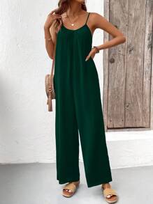 Breezaya Mono informal con tirantes espagueti plisados, escote en V y pantalones anchos rectos