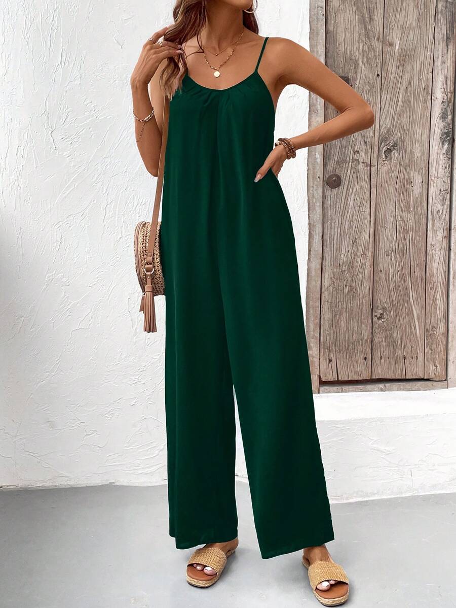 Breezaya Mono informal con tirantes espagueti plisados, escote en V y pantalones anchos rectos