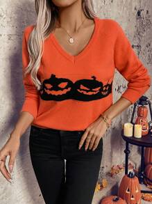 SHEIN LUNE Orange V-Neck Cartoon Pattern Cute Fall Long Sleeve Pullover Sweater