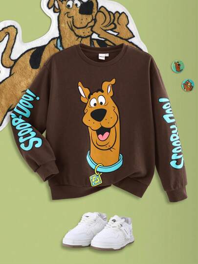 SCOOBY-DOO X SHEIN Tween Boy Cartoon Letter Printed Round Neck Casual Sweatshirt Autumn And Winter