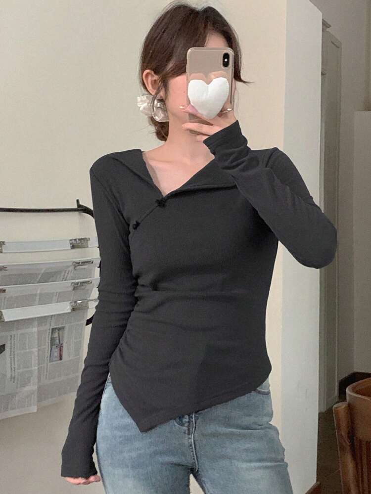 Women's Asymmetrical Neck Bow Decor Slim Fit Long Sleeve T-Shirt, Fall Tee,Back To School Clothes