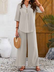 EMERY ROSE 2pcs Women Solid Color Simple Daily Short Sleeve Top And Long Pants Set - Grey - View 4