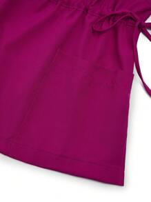 SHEIN TaskFit Plus Size V-Neck Drawstring Pocket Short Sleeve Top And Elastic Waist Pants Uniform Scrub Set - Hot Pink - View 4