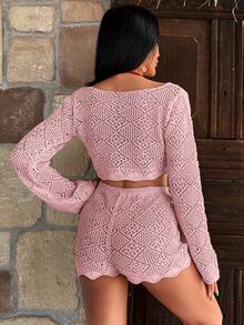 RueChic Hollow Out Cover Up Set, For Summer Beach Vacation - Pink - View 2