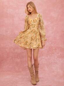 Enchnt Women's Floral Print Sweetheart Neck Long Sleeve Multi-Layered Lotus Leaves Dress,Beige Autumn Cottage Core Tea Party Fall Winter Clothing Dresses - Yellow - View 6