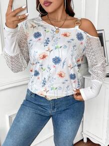 SHEIN Unity 大码女式不对称领露肩长袖花卉印花时尚上衣 - 白色 - 查看 1