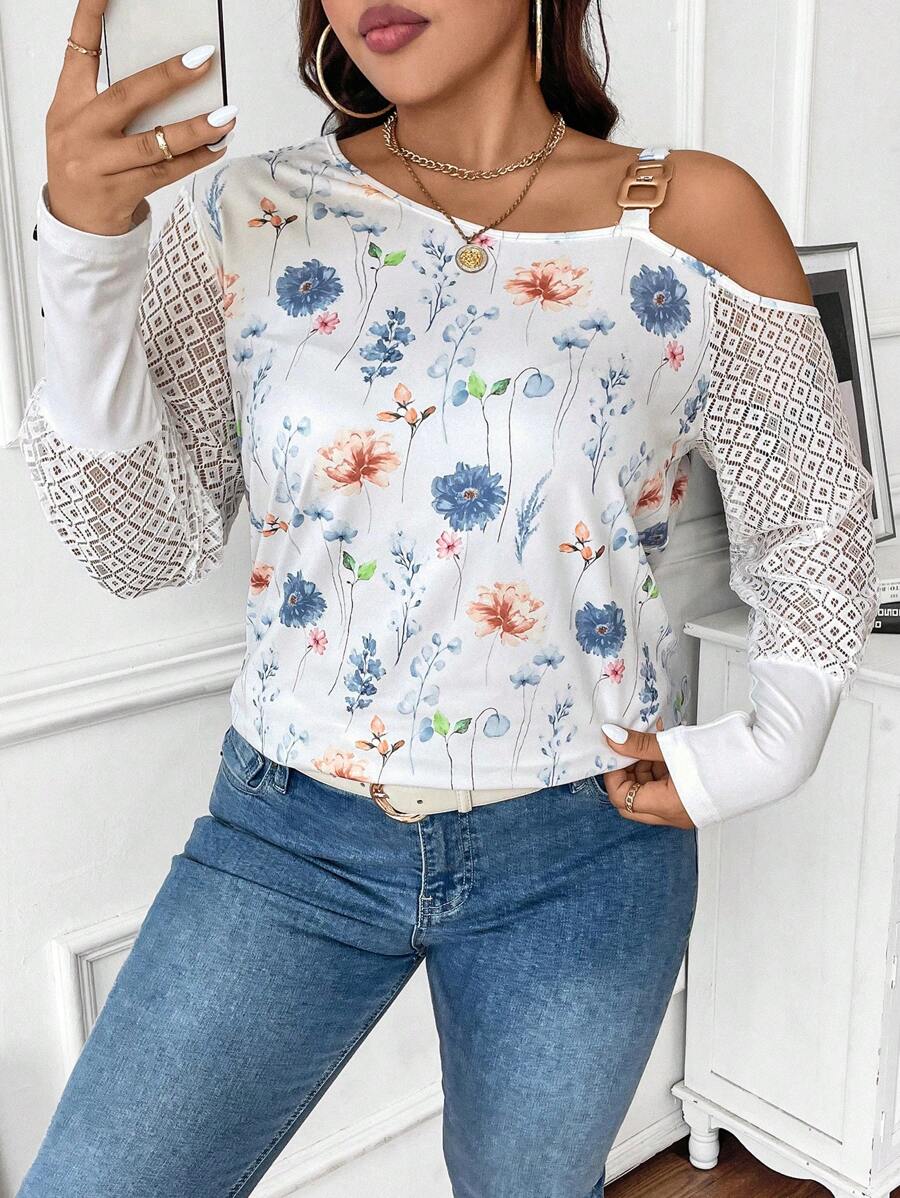 SHEIN Unity 大码女式不对称领露肩长袖花卉印花时尚上衣 - 白色 - 查看 1
