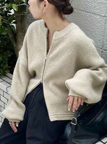 FRIFUL 女士纯色落肩长袖拉链休闲开衫，秋冬夹克 - 駝色 - 查看 6