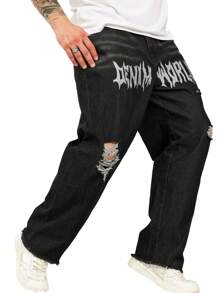 Manfinity Roughcore Lässige Jeans für Herren im Used-Look mit Buchstabenstickereien Große Größen