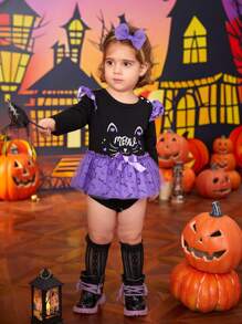 Body bébé fille mignon imprimé chat, manches longues, pour fête d'Halloween - Prune - Voir 3