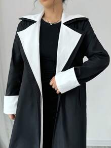 Chiquease Women's Contrast Color Lapel Long Sleeve Trench Coat - Black and White - View 4