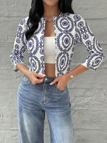 SHEIN Essnce Women's Casual Fashion Old Money Style Open Front Crop Three-Quarter Sleeves Jacket Work Women Jacket Teacher Outfits Teacher Jacket Fall Women Clothes Business Women Clothes Full Print Cropped Jacket Fall Women Jackets - Blue and White - View 6