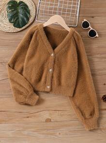 Elladie kids 春秋季 Tween Girl 休闲纯色毛绒开衫 - 咖啡棕 - 查看 4