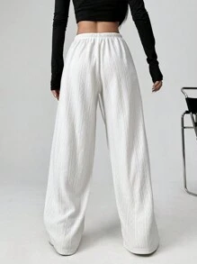 SHEIN EZwear Women's Fall Solid Color Knitted Jacquard Velvet Drawstring Long White Wide Leg Pants - White - View 2