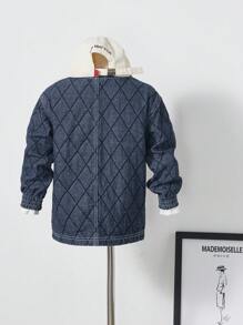 YOUNG BOY Retro Casual Dark Blue Washed Diamond Jacquard Flat Pockets Round Neck Jacket - Dark Wash - View 2