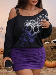 SHEIN LUNE Plus Size Women Halloween Skeleton & Butterfly Print Asymmetric Color Blocking Mini Dress - Multicolor - View 1