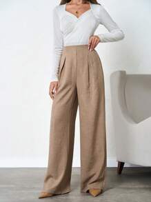 SHEIN Tall 100%Cotton Tall Women's Linen Beige Wide Leg Pants - Beige - View 6