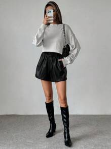 SHEIN LUNE Pull décontracté à col rond avec décoration de perles de faux-perles, printemps et automne, tricot pull automne hiver - Gris pâle - Voir 4
