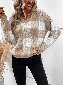 Chiquease V-Neck Long Sleeve Classic Plaid Sweater, Knit Pullover Fall Winter - Khaki - View 7