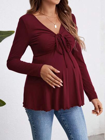 SHEIN Maternity Solid Color Knit Sweetheart Neck Long Sleeve Ruched Bow Accent Front Short T-Shirt, Autumn Teacher T-Shirt