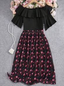 Mulvari Conjunto de 2 piezas de talla grande elegante, con blusa de hombros descubiertos y falda estampada con flores, ideal para verano - Multicolor - Ver 2