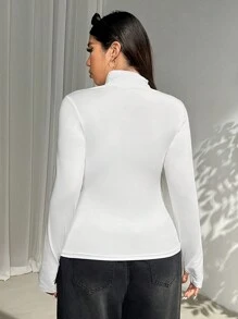 SHEIN EZwear Plus Size Women's High Collar Long Sleeve Versatile T-Shirt, Fall & Winter - White - View 2