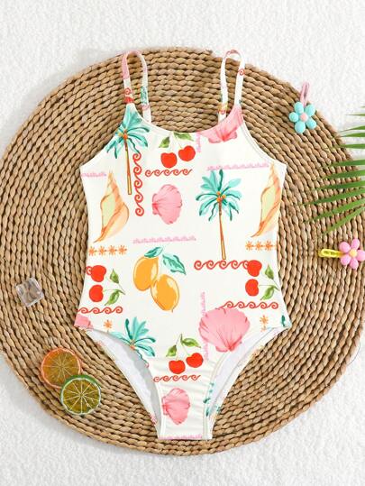 SHEIN Young Girl 1pc Random Print One-Piece Swimsuit