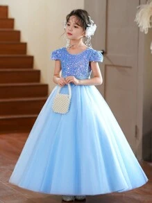 SHEIN Vestido de dama de honor para niña preadolescente, vestido de gala infantil de princesa, vestido formal de cumpleaños, adecuado para Navidad, Halloween, Acción de Gracias - Azul - Ver 4