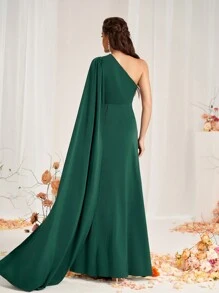 SHEIN Belle 优雅浪漫的深绿色缎面面料，不对称领口及地飘逸裙摆，美人鱼风格连衣裙，适合婚礼活动、约会、正式女士伴娘礼服 - 墨綠色 - 查看 3