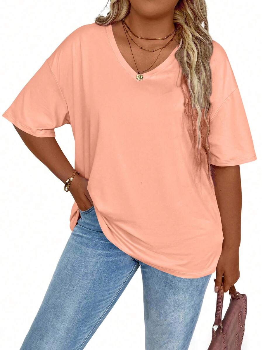 EMERY ROSE Plus Size Casual Loose Solid Color Drop Shoulder T-Shirt, Summer - Orange - View 1