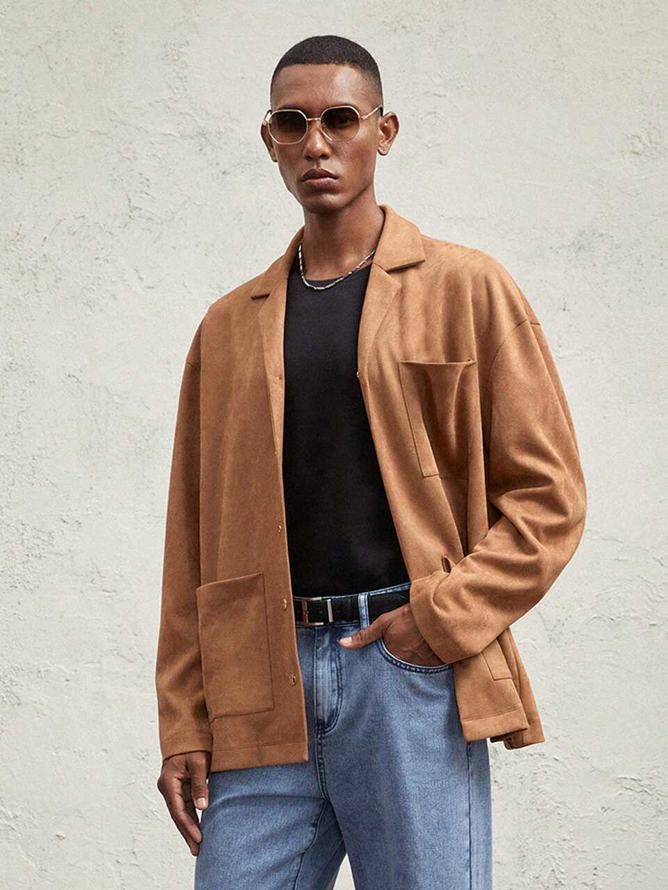 Men's Suede Fabric Slim Fit Casual Turndown Collar Jacket, Suitable For Autumn, For Fall Winter